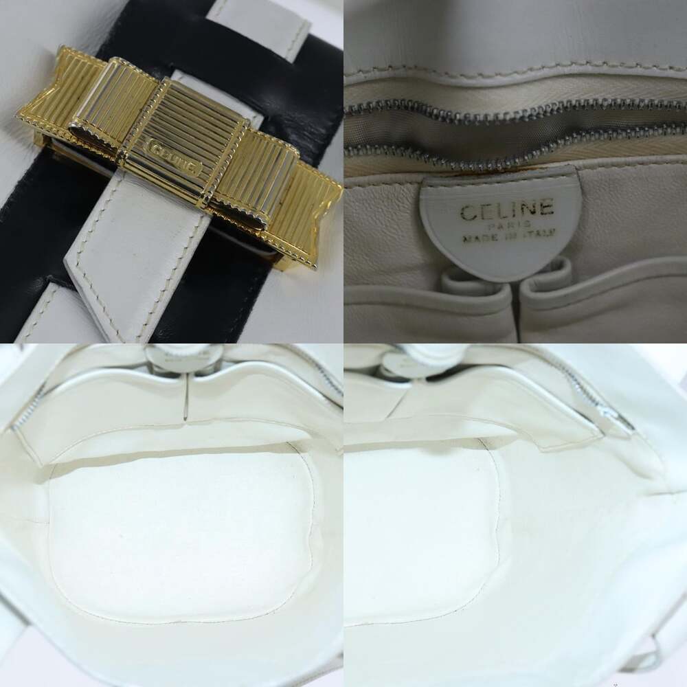 CELINE Ribbon Tote Bag Leather White Black - Picture 11 of 12